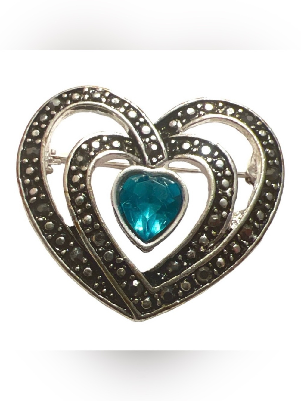 1980’s Vintage Marcasite Double Heart Brooch with Blue Stone‎ Center,